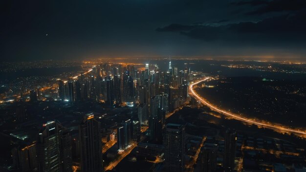 una ciudad por la noche con una larga exposición de luces y una ciudad en el fondo