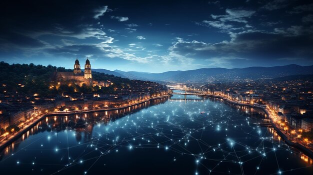 una ciudad de noche y líneas conectadas sobre el agua