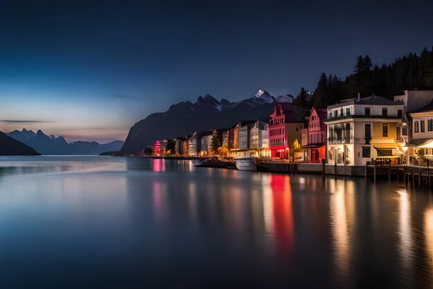 una ciudad por la noche con las luces en el agua