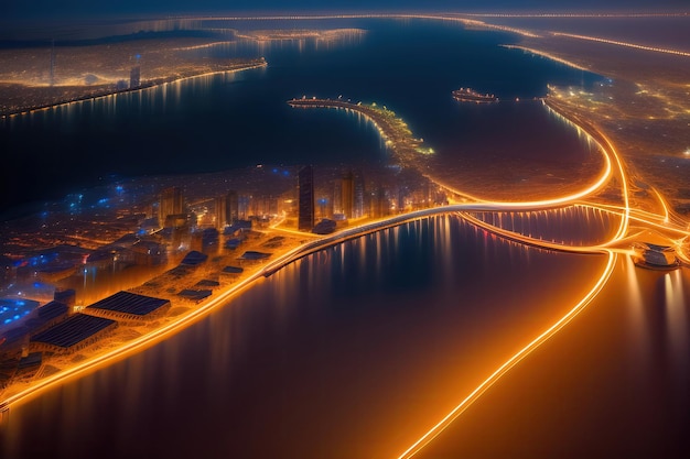 Una ciudad de noche con luces en el agua