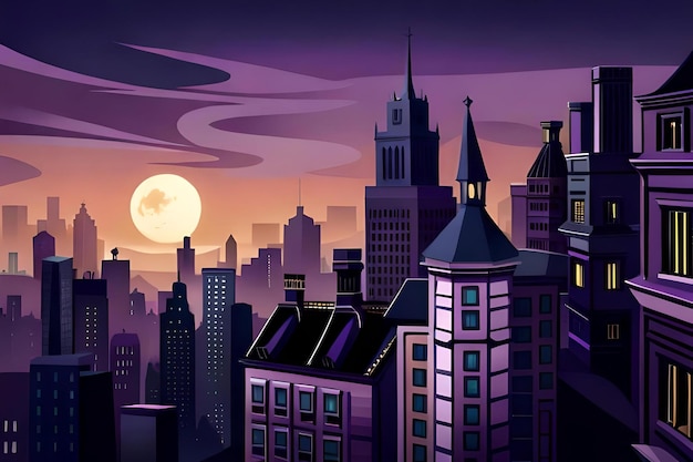 Una ciudad de noche con la luna de fondo.