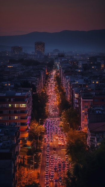 Una ciudad de noche con luna llena de fondo