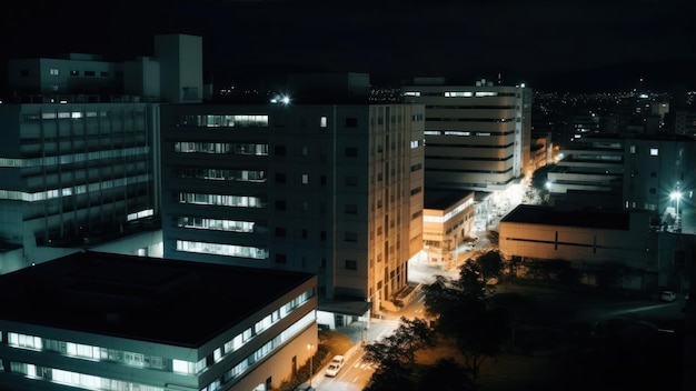 Una ciudad en la noche con una luz de la calle y un edificio con las palabras 'la palabra' en él '