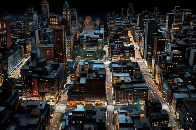 una ciudad de noche con una luz roja en el medio.