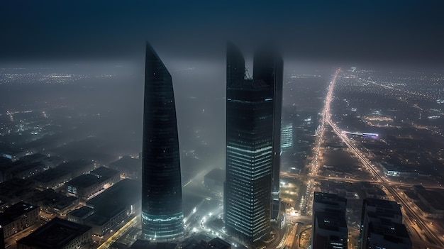 Una ciudad con una noche de niebla y las luces de las torres son visibles.