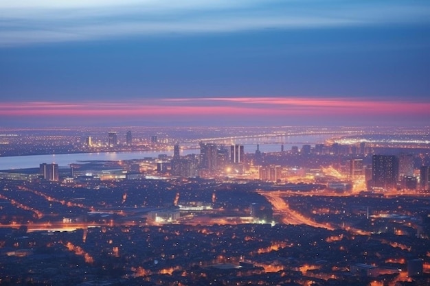 una ciudad por la noche con un puente en el fondo