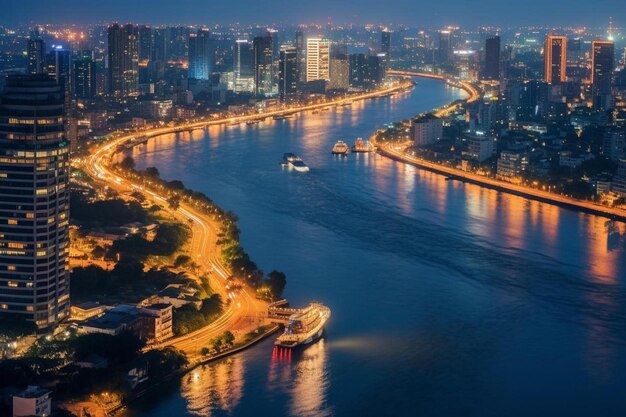 Foto una ciudad por la noche con un río y un barco en el agua