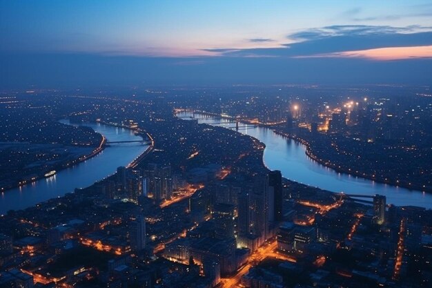 Foto una ciudad por la noche con un río y un puente en el fondo