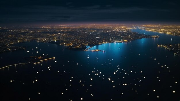 Una ciudad por la noche con vistas a la bahía y las luces en el agua.