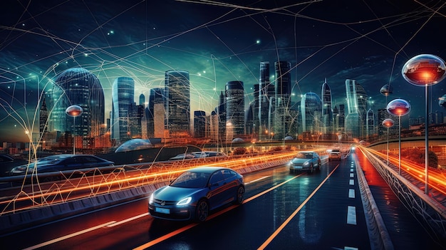 Ciudad nocturna de alta tecnología Panorama de una ciudad futurista Generación de IA