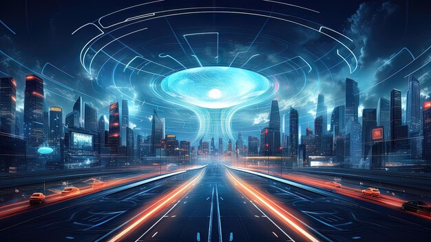 Ciudad nocturna de alta tecnología Panorama de una ciudad futurista Generación de IA