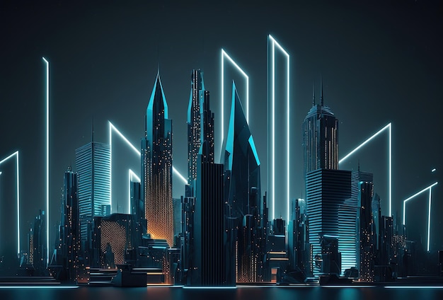 Una ciudad nocturna futurista en la distancia que brilla con luz de neón Rascacielos surrealistas Cyberpunk mundo inmersivo del metaverso Representación 3D IA generada