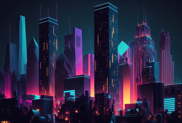 Una ciudad nocturna futurista en la distancia que brilla con luz de neón Rascacielos surrealistas Cyberpunk mundo inmersivo del metaverso Representación 3D IA generada