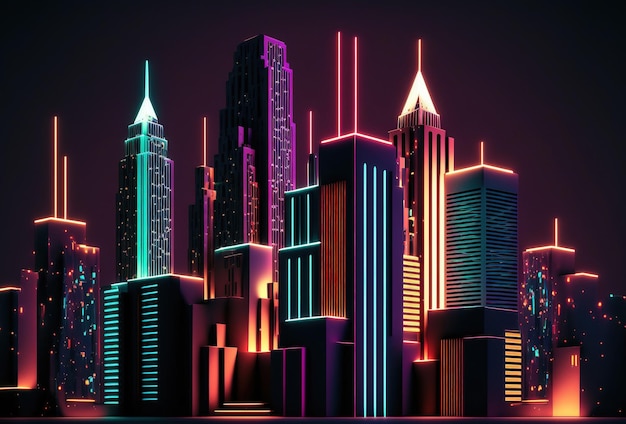 Una ciudad nocturna futurista en la distancia que brilla con luz de neón Rascacielos surrealistas Cyberpunk mundo inmersivo del metaverso Representación 3D IA generada