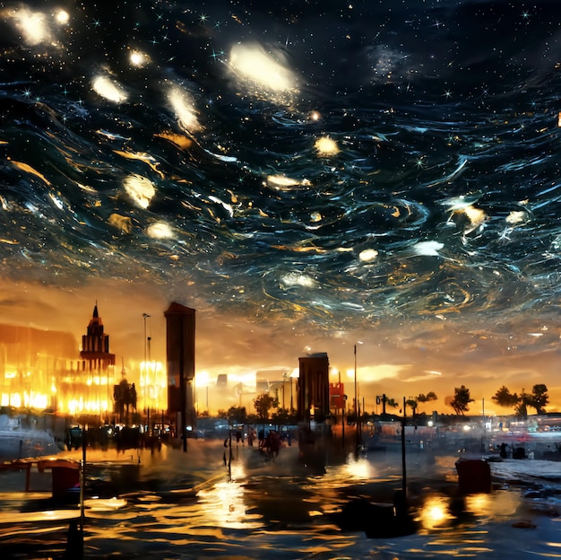 ciudad nocturna futurista luz borrosa bajo el espectacular cielo azul estrellado caída de estrellas en la nebulosa cósmica
