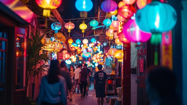 Ciudad nocturna de iluminación de neón china con gente, linternas de papel coloridas chinas