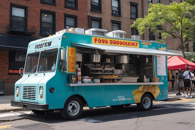 Foto ciudad de nueva york, estados unidos, 2 de agosto de 2018: un camión de comida cerrado con gente en brooklyn.