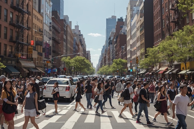 Foto ciudad de nueva york multitudes de personas atareadas cruzan la tercera avenida frente al tráfico de la hora punta.