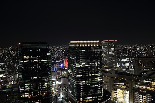 Ciudad de Osaka en el paisaje urbano de Japón en la vista nocturna