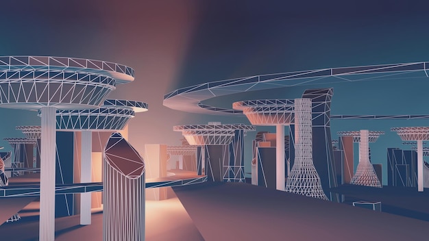 Ciudad oscura en 3D del ciberespacio metaverso paisaje digital de fondo futurista concepto de ilustración en 3D