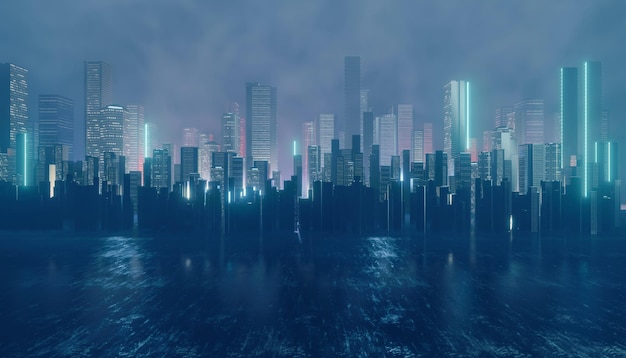 Ciudad oscura con fondo de tecnología de luz azul estilo cyber punk representación de ilustración 3D