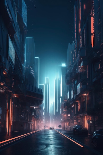 Una ciudad oscura con una luz azul y algunas personas en ella.
