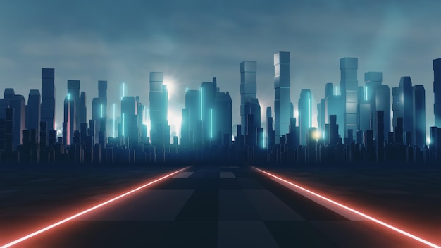 Ciudad oscura de neón con fondo de tecnología de luz roja representación de ilustración 3D de estilo cyber punk