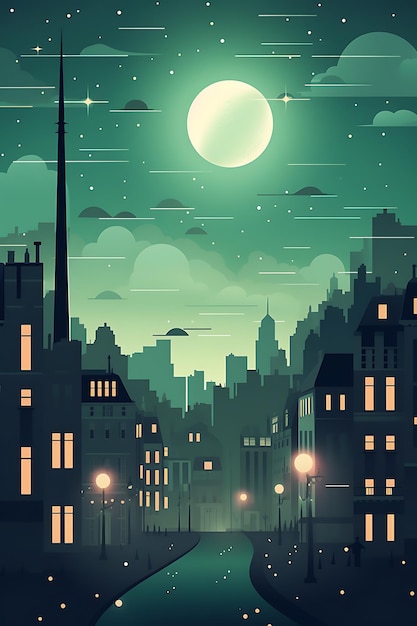 Foto la ciudad de parís y la luna iluminadas por la noche ilustración