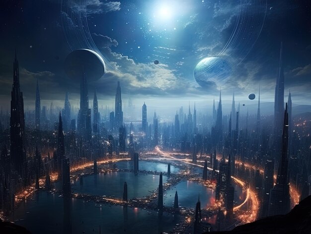 una ciudad con un planeta en el cielo