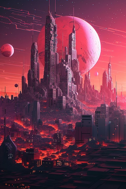 Una ciudad con un planeta rojo al fondo.