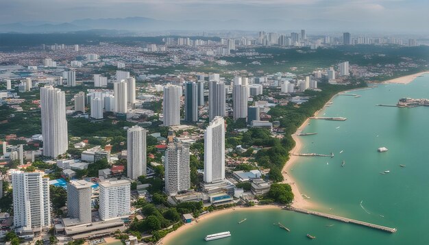 una ciudad con una playa y un barco en el agua