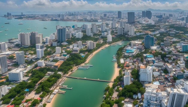 Foto una ciudad con una playa y una ciudad en el fondo