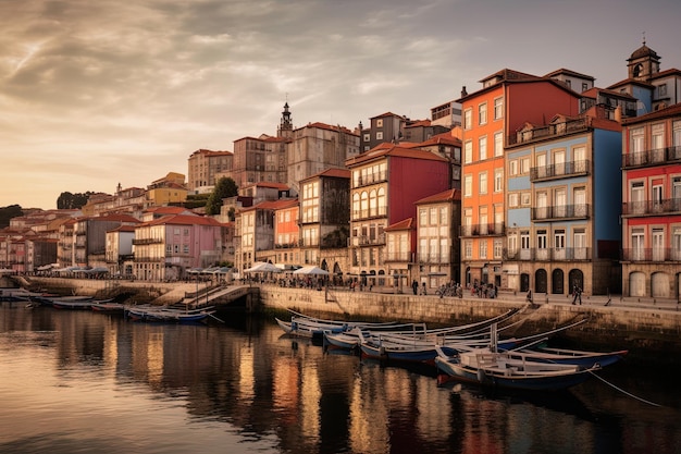 una ciudad con unos pocos edificios y un cuerpo de agua con unos pocos barcos