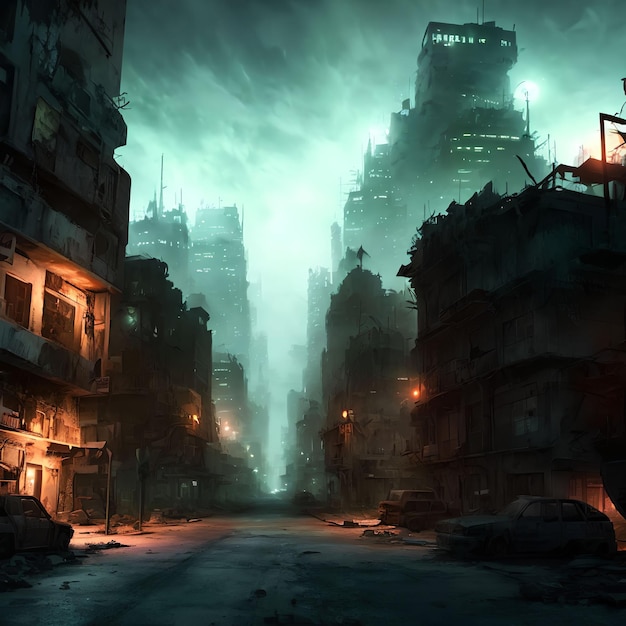 Ciudad post apocalipsis en arte generativo nocturno por IA