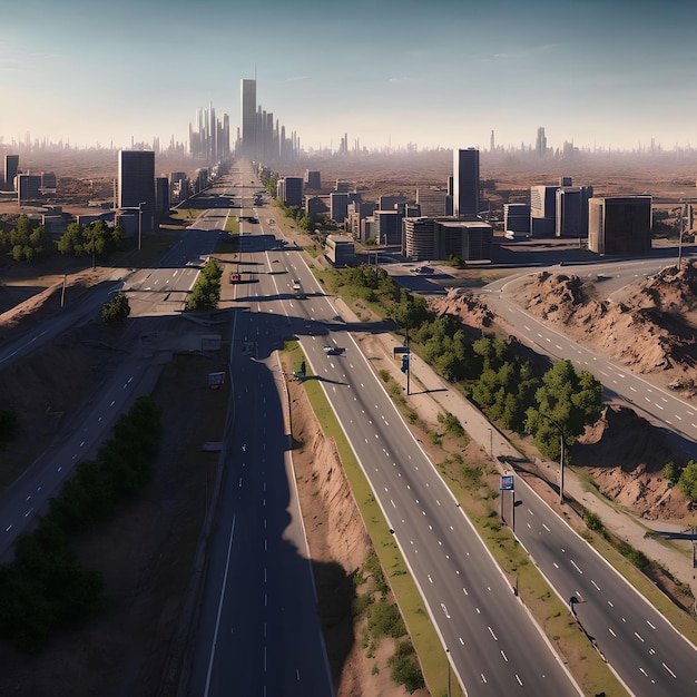 Ciudad postapocalíptica con arte generativo de carreteras por IA