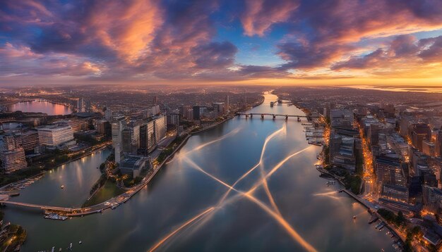 una ciudad con un puente y un río en el fondo