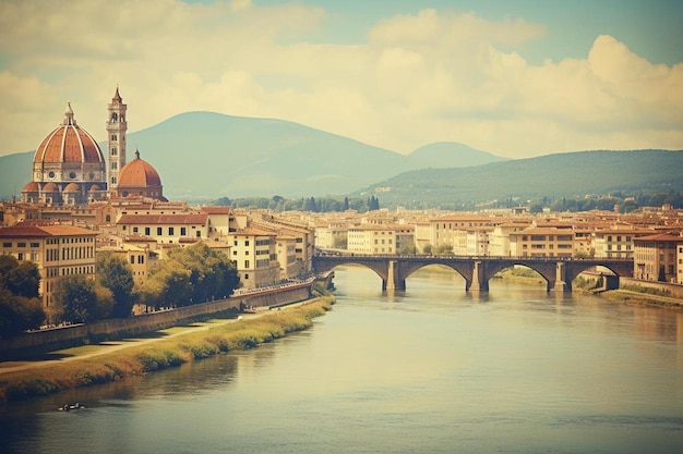 Foto una ciudad con un puente y un río con un puante en el fondo