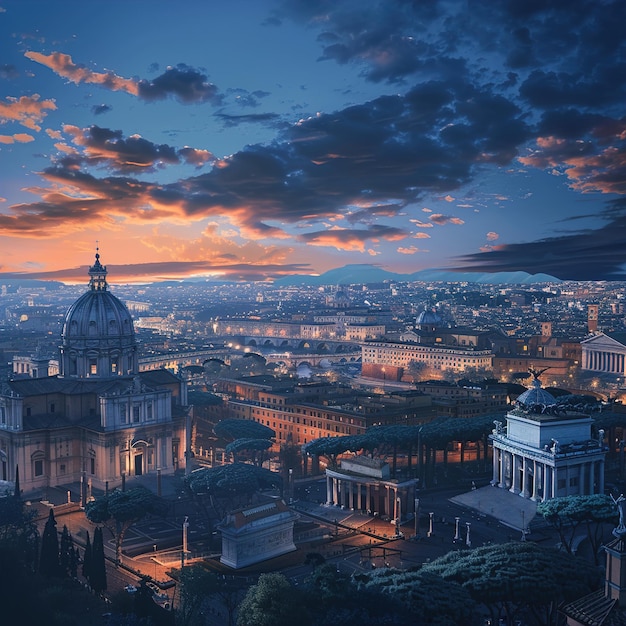 una ciudad con una puesta de sol y una ciudad en el fondo