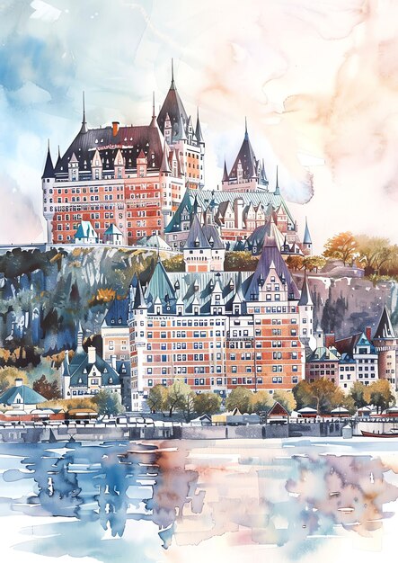 Ciudad de Quebec Canadá Chteau Frontenac paisaje acuarela plantilla de invitación de boda