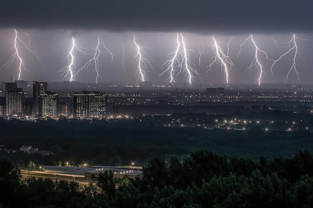 Una ciudad con un rayo cae sobre la ciudad de denver IA generativa