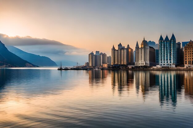 Una ciudad se refleja en el agua al atardecer.