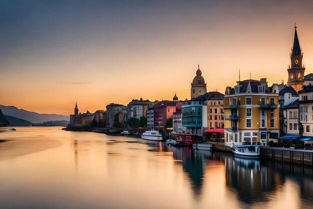 una ciudad se refleja en el agua al atardecer.