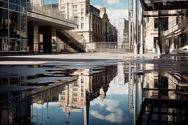 Una ciudad se refleja en un charco de agua.