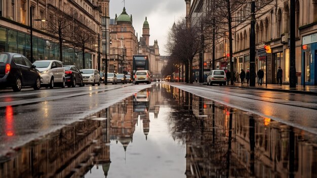 Una ciudad se refleja en un charco de agua.