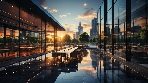 Una ciudad con un reflejo de la ciudad en el agua.