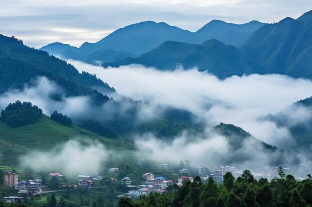 Foto una ciudad está rodeada de montañas y nubes