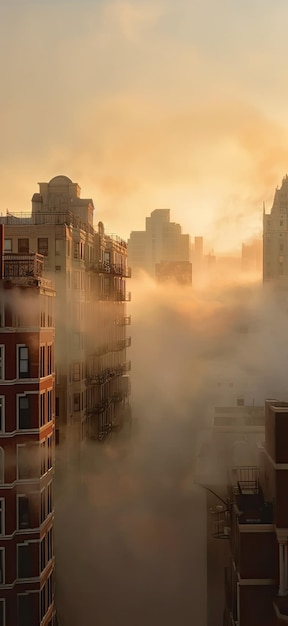 Una ciudad rodeada por tres edificios residenciales con un cielo lleno de niebla Generado por IA