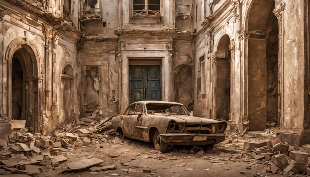 Foto una ciudad en ruinas durante la guerra edificios destruidos vehículos quemados y carreteras arruinadas por la ia