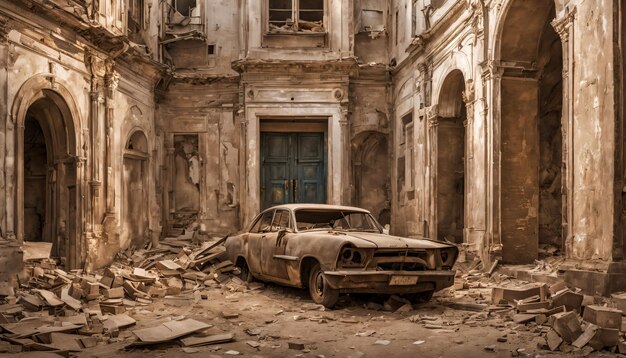 Una ciudad en ruinas durante la guerra edificios destruidos vehículos quemados y carreteras arruinadas por la IA