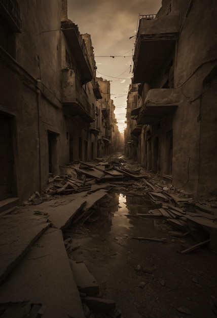 Foto una ciudad en ruinas durante la guerra edificios destruidos vehículos quemados y carreteras arruinadas por la ia